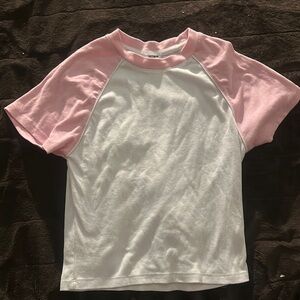 Pink and White Raglan Cropped Sleeve Shirt